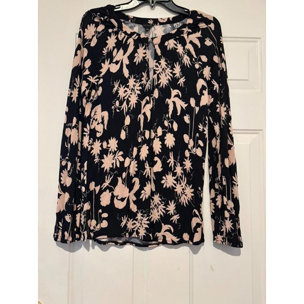 Women's sz S Ann Taylor black floral long‎ sleeve keyhole in front blouse #1257